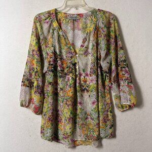 Anthropologie Figueroa & Flower Blouse Top L Boho Tunic Button Up Sheer Floral